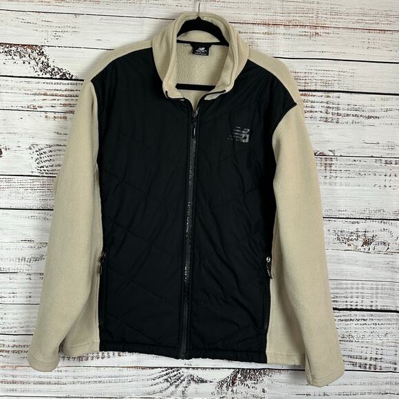 Women's EUC Activewear New Balance Tan Fleece Black Nylon Full Zip Jacket Size L - Picture 1 of 8